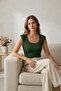 Leon Slim Fit U-Neck Moon Sleeve Flexible Basic Camisole Women's Top & Blouse & Tshirt - Khaki Green