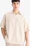 Oversize Wide Fit Polo Neck Striped Short Sleeve Shirt C7062Ax25Sm