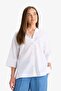 100% Cotton Regular Fit Apaş Collar Flared Half Sleeve White Shirt F5838Ax25Sm - 4
