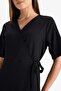 Regular Fit V-Neck Double-Breasted Closure Short Sleeve Midi Black Summer Dress F3913Ax25Hs - 5