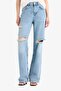 100% Cotton Straight Wide Ripped Detailed High Waist Long Washed Jeans E8016Ax25Sm - 4