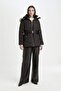Lightweight Long Water Repellent Puffer Coat - Windproof, Hooded, Faux Fur Quilted and Belted - 2