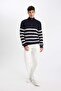 Standard Fit Stand Collar Half Zipper Striped Knitwear Sweater D3274Ax24Wn - 2