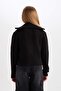 Basic Plain High Collar Zippered Black Knitwear Cardigan for Girls C9557A824Wn - 6