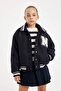 Text Printed Snap Fastener Ribbed Sleeves College Coat Girls C5406A824Au - 8