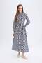 Shirt Collar Patterned Buttons Belt Long Sleeve Maxi Dress D2611Ax24Au