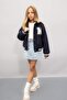 Text Printed Snap Fastener Ribbed Sleeves College Coat Girls C5406A824Au - 2