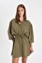 Shirt Collar Waist Shirred Lace up Basic Plain Modal Bat Sleeve Mini Dress C4472Ax24Au - 2