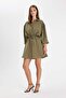 Shirt Collar Waist Shirred Lace up Basic Plain Modal Bat Sleeve Mini Dress C4472Ax24Au