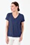 Women's V-Neck Pocket Combed Cotton T-shirt Navy Blue - 2