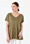 Women's V-neck Combed Cotton T-shirt with Stones on the Shoulders Khaki - 6
