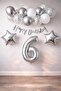 Silver Concept 6Th Birthday Celebration Set White Silver Confetti Balloon Number Star Foil and Banner