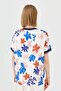 Women's V-neck Colorful Patterned Combed Cotton T-shirt Navy Blue - 8