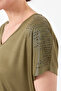 Women's V-neck Combed Cotton T-shirt with Stones on the Shoulders Khaki - 4