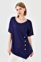 Women's Crewneck Collar Front Wooden Buttoned Combed Cotton T-shirt Navy Blue - 6