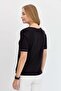 Women's Crew Neck Collar Embroidered Cotton T-shirt Black - 4