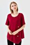 Women's Crew Neck Front Wooden Buttoned Combed Cotton T-shirt Claret Red