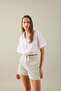 Crop Shirt Collar Linen Blended Short Sleeve Blouse C6812Ax24Sm - 2