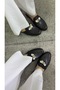 Women's Black Silver Buckle Detailed Slippers