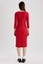 Bodycon Body-Hugging Square Neck Long Sleeve Corded Fabric Ribbed Knit Red Midi Dress Z5267Az23Sp - 5
