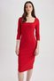 Bodycon Body-Hugging Square Neck Long Sleeve Corded Fabric Ribbed Knit Red Midi Dress Z5267Az23Sp - 3
