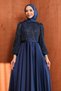 Navy Blue Beaded Embroidered Satin Evening Dress - 2