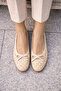Women's Beige Suede and Faux Leather Mix Textured Knitted Patterned Bowknot Ballerinas