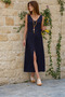 Women's Oversized Muslin Leather N V-Neck Strap Sleeveless Slit Long Casual Dress Black 700-3419385