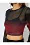 Gradient Long Sleeve Round Neck Tulle Crop T-Shirt - 5