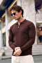 Brown Men's Polo Neck Half Zip Knit Sweater - 5