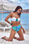 Women's Floral Detailed Blue Fixed Push up Padded Wired Detachable Strap Piece High Waist Bikini Set