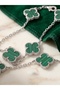 Green Enameled 7-Piece Small Clover Silver Color Stainless Steel Necklace - 2