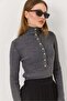 Women's Gray D Mock Neck Snap Fastener Y Soft-Textured Knitwear Sweater