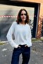 Women's Stone Buttoned Polo Collar Bearded Sweater White - 3