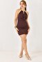 Sandy Fabric Back and Plunging Neckline Gold Metal-Accented Brown