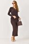 Lace collar Cashmere fabric long dress brown - 3