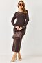 Lace collar Cashmere fabric long dress brown - 2