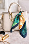 Floral Print Navy Blue Edge Detail Silk I Satin Scarf (70*70cm) - 5