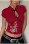 White Chinese Collar Floral Motif Striped Vintage Y2K Short Sleeve Cropped - 3