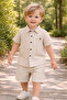 Boys 2 Pc Set “Coastal Stripe” Collared Button-Front Shirt & Draw-Waist Shorts Set