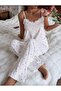 WOMEN'S JERSEY HEART PRINTED AND LACE-DETAIL TOP AND BOTTOM PAJAMA SET