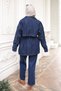 Navy Blue Buttoned Waist Belted Jacket and Trousers Denim Suit - 2