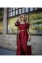 Women's Burgundy Square Neck Watermelon Sleeve Stone Embroidered K Belt I Satin Long Evening Dress - 2