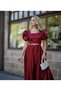 Women's Burgundy Square Neck Watermelon Sleeve Stone Embroidered K Belt I Satin Long Evening Dress