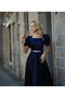Women's Navy Blue Square Neck Watermelon Sleeve Stone Embroidered K Belt I Satin Long Evening Dress - 5