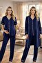 New Season Navy Blue Design Summer Piped Full Buttoned Short Sleeve Cotton Dressing Gown Pajama Set 3-Piece Set - 4