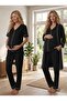 New Season Black Design Summer Piped Full Buttoned Short Sleeve Cotton Dressing Gown Pajama Set 3-Piece Set - 3