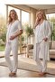 New Season Ecru Design Summer Piped Full Buttoned Short Sleeve Cotton Dressing Gown Pajama Set 3-Piece Set - 5