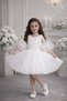 White Pompom Sleeves Rose Patterned Tulle Piece Party and Birthday Dress Evening Dress