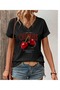 Women's V-Neck Black T-Shirt Printed Oversized Casual